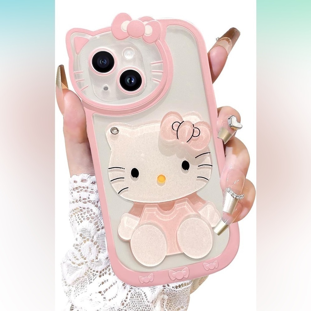 HELLO KITTY PHONE CASE WITH MIRROR CUTE PINK WHITE IPHONE 15 PLUS 6.7 INCHES NEW - Picture 2 of 8
